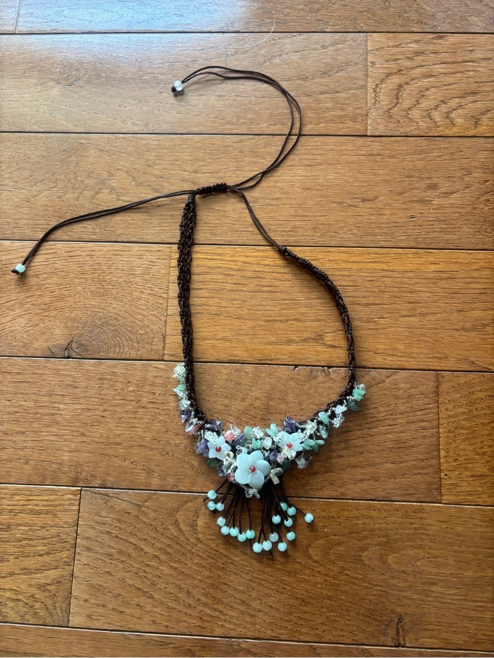 Handcrafted Indigenous Floral Bead Necklace in Light Blue